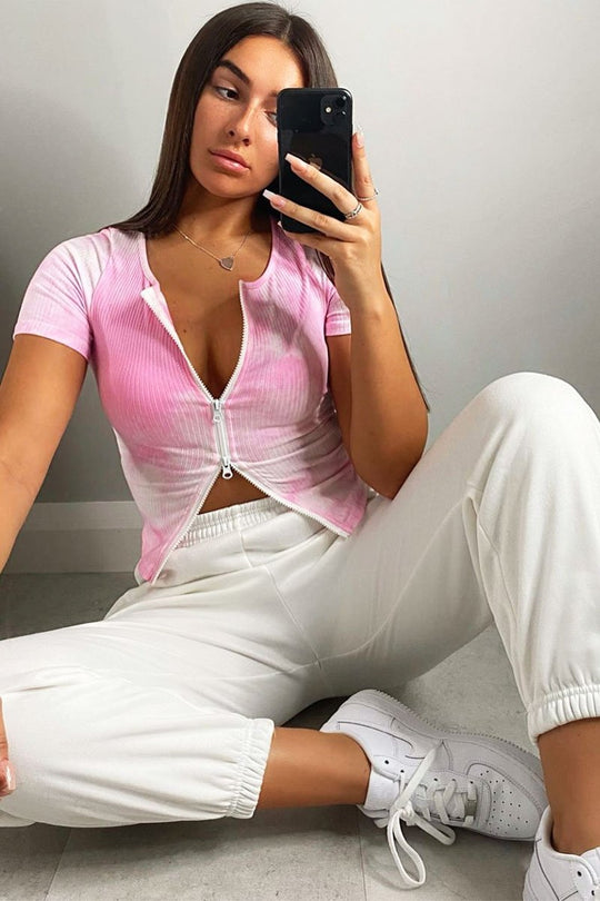Light Pink Tie Dye Double Zip Top - Faven