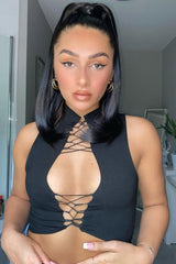 Black High Neck Lace Up Detail Sleeveless Crop Top - Jeniya