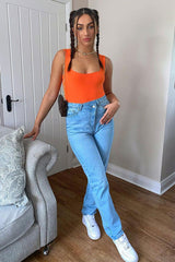 Orange Double Layered Slinky Square Neck Bodysuit - Iriana