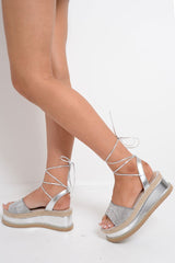 Silver Metallic Lace Up Diamante Wedges - Olivier