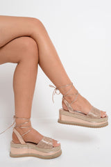Gold Metallic Lace Up Diamante Wedges - Olivier