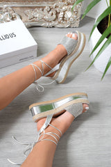 Silver Metallic Lace Up Diamante Wedges - Olivier