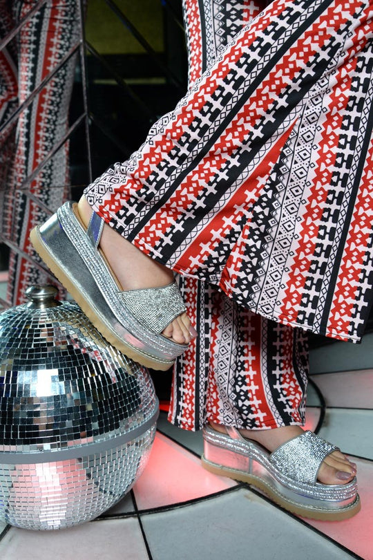 Silver Metallic Lace Up Diamante Wedges - Olivier