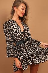 Leopard Plunge Flute Sleeve Shift Dress - Olesya
