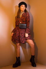 Wine Snake Print Plunge Flute Sleeve Shift Dress - Olesya