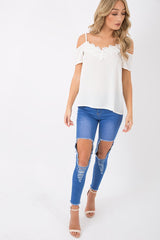Cream Cold Shoulder Lace Detail Top - Darina