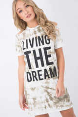 Green Tie Dye 'Living The Dream' Cold Shoulder T-Shirt Dress - Melie