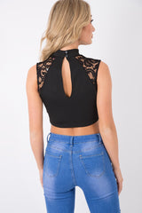 Black High Neck Cut Out Crochet Crop Top - Una