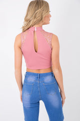 Rose High Neck Cut Out Crochet Crop Top - Una