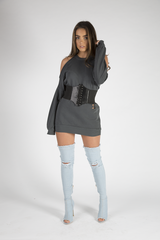 Charcoal Cold Shoulder Distressed Jumper Dress - Kylie