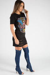 Black Distressed Detail Vintage Design T Shirt Dress - Maisie