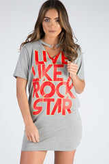 Grey Ring Choker Rockstar Slogan T Shirt Dress - Liana