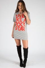 Grey Ring Choker Rockstar Slogan T Shirt Dress - Liana