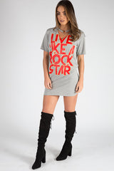 Grey Ring Choker Rockstar Slogan T Shirt Dress - Liana