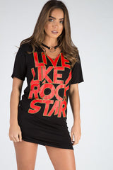 Black Ring Choker Rockstar Slogan T Shirt Dress - Liana