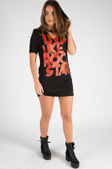 Black Ring Choker Rockstar Slogan T Shirt Dress - Liana