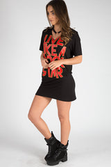 Black Ring Choker Rockstar Slogan T Shirt Dress - Liana