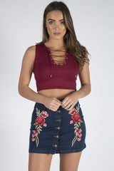 Dark Denim Embroidered Button Up Skirt - Grace