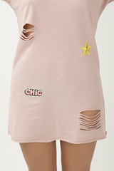 Pink Distressed Badge Detail T Shirt Dress - Kalani
