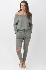 Khaki Bardot Distressed Jumpsuit - Bethan