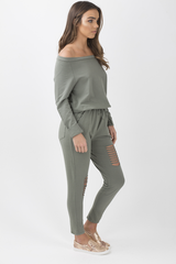 Khaki Bardot Distressed Jumpsuit - Bethan