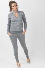 Grey Soft Cut Out Choker Neck Tracksuit - Lily