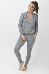 Grey Soft Cut Out Choker Neck Tracksuit - Lily