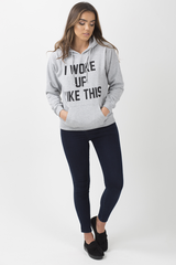 Grey 'I Woke Up Like This' Slogan Hoodie - Bey