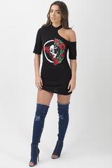 Black Cut Shoulder Graphic Print T-Shirt - Jessie
