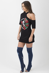 Black Cut Shoulder Graphic Print T-Shirt - Jessie