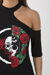 Black Cut Shoulder Graphic Print T-Shirt - Jessie