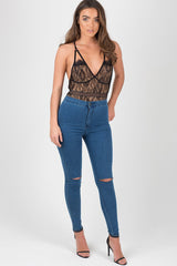 Mid Blue High Waisted Ripped Knee Skinny Jeans - Amara