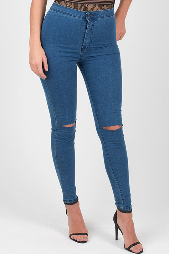 Mid Blue High Waisted Ripped Knee Skinny Jeans - Amara