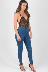 Mid Blue High Waisted Ripped Knee Skinny Jeans - Amara