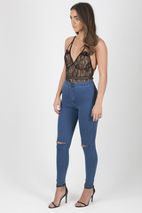 Black & Nude Lace Open Back Bodysuit - Naomie