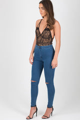 Mid Blue High Waisted Ripped Knee Skinny Jeans - Amara