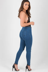 Mid Blue High Waisted Ripped Knee Skinny Jeans - Amara