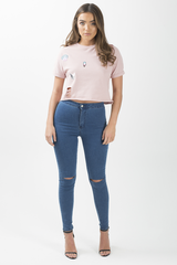 Pink Distressed Badge Detail Crop Top - Toni