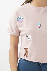 Pink Distressed Badge Detail Crop Top - Toni