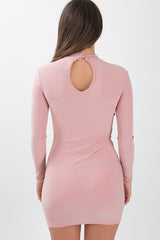 Pink Cut Out Choker Cross Over Bodycon Dress - Toula