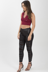 Wine Cropped Ribbed Lace Up Top - Amelia