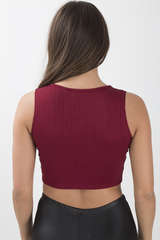 Wine Cropped Ribbed Lace Up Top - Amelia