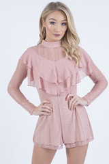 Pink High Neck Frill Lace Playsuit - Katie