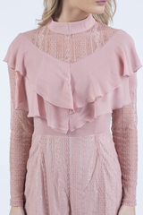 Pink High Neck Frill Lace Playsuit - Katie