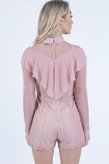 Pink High Neck Frill Lace Playsuit - Katie