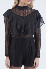 Black High Neck Frill Lace Playsuit - Katie