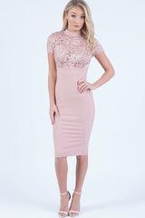 Pink Floral Lace Midi Dress - Olivia