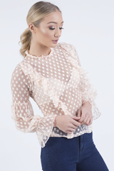 Nude Sheer Polka Dot Frill Blouse - Kaitlin