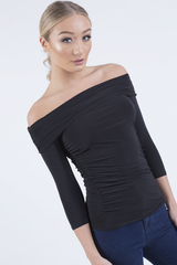Black Bardot Ruched Top - Sandra