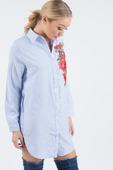 Light Blue Striped Embroidered Oversized Shirt  - Kaya